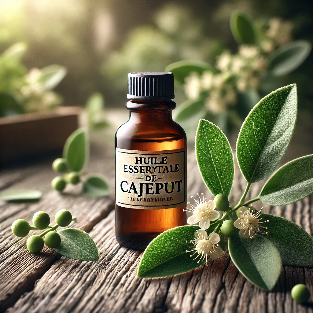 Bouteille d'huile essentielle de Cajeput sur une surface en bois rustique, entourée de feuilles fraîches et de petites fleurs blanches de l'arbre Cajeput, avec une lumière naturelle et un arrière-plan flou.