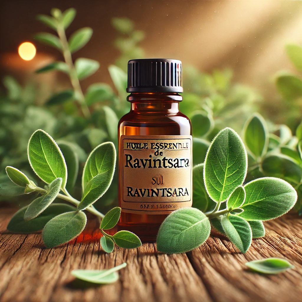 Bouteille d'huile essentielle de Ravintsara sur une surface en bois naturel, entourée de feuilles fraîches de Ravintsara, avec une lumière douce et chaleureuse en arrière-plan.