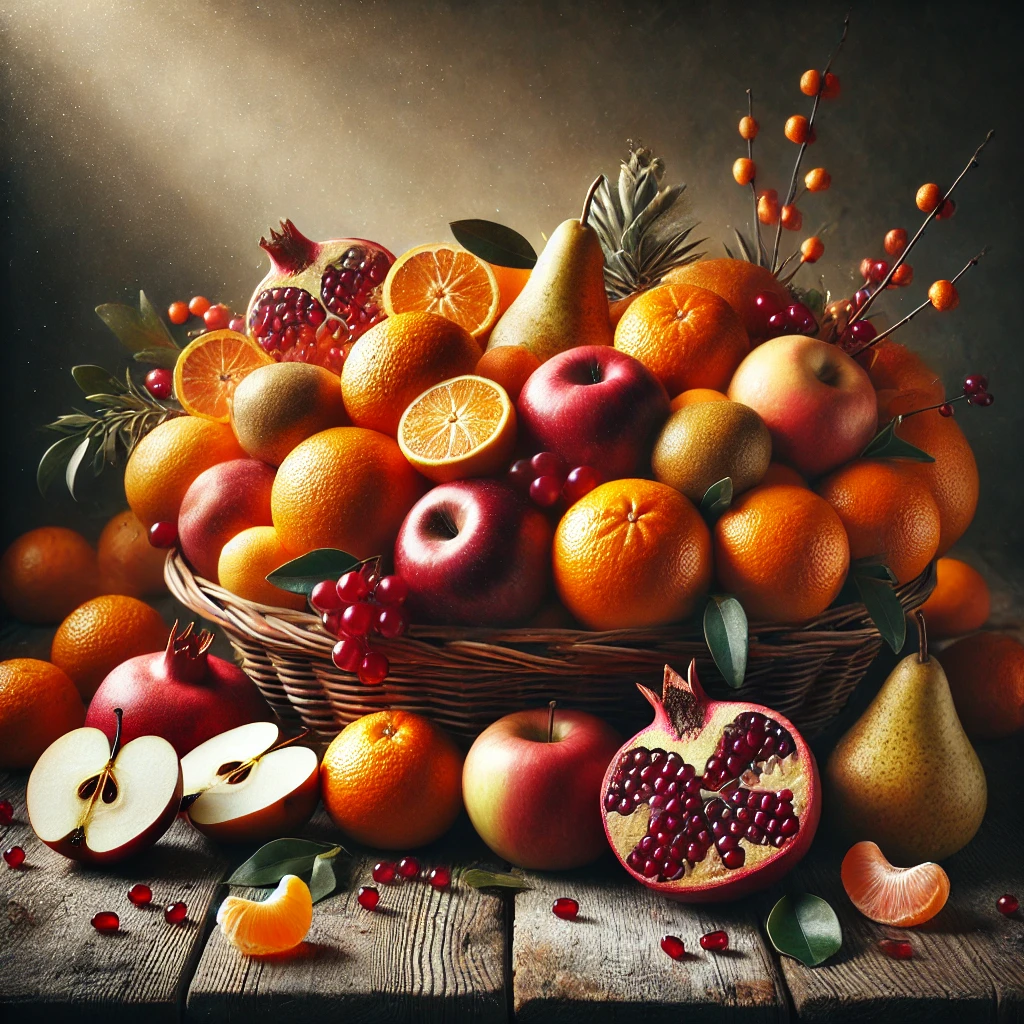 Arrangement coloré de fruits d’hiver comprenant oranges, clémentines, pommes, poires et grenades, sur une table en bois rustique, éclairé par une lumière naturelle douce et chaleureuse.