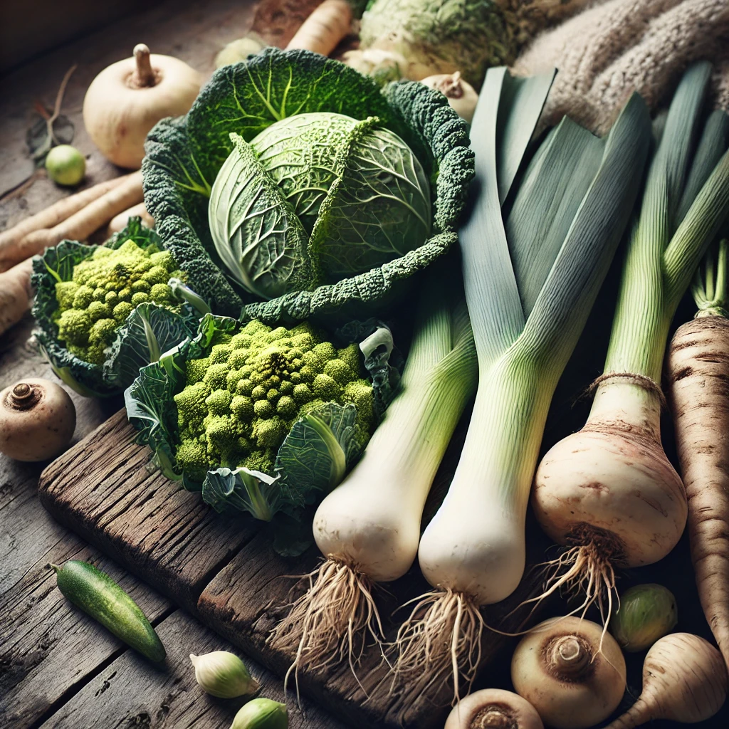 Gros plan sur des légumes d’hiver comme le chou, les poireaux, les navets et les panais, disposés sur une surface en bois rustique avec une lumière naturelle douce.