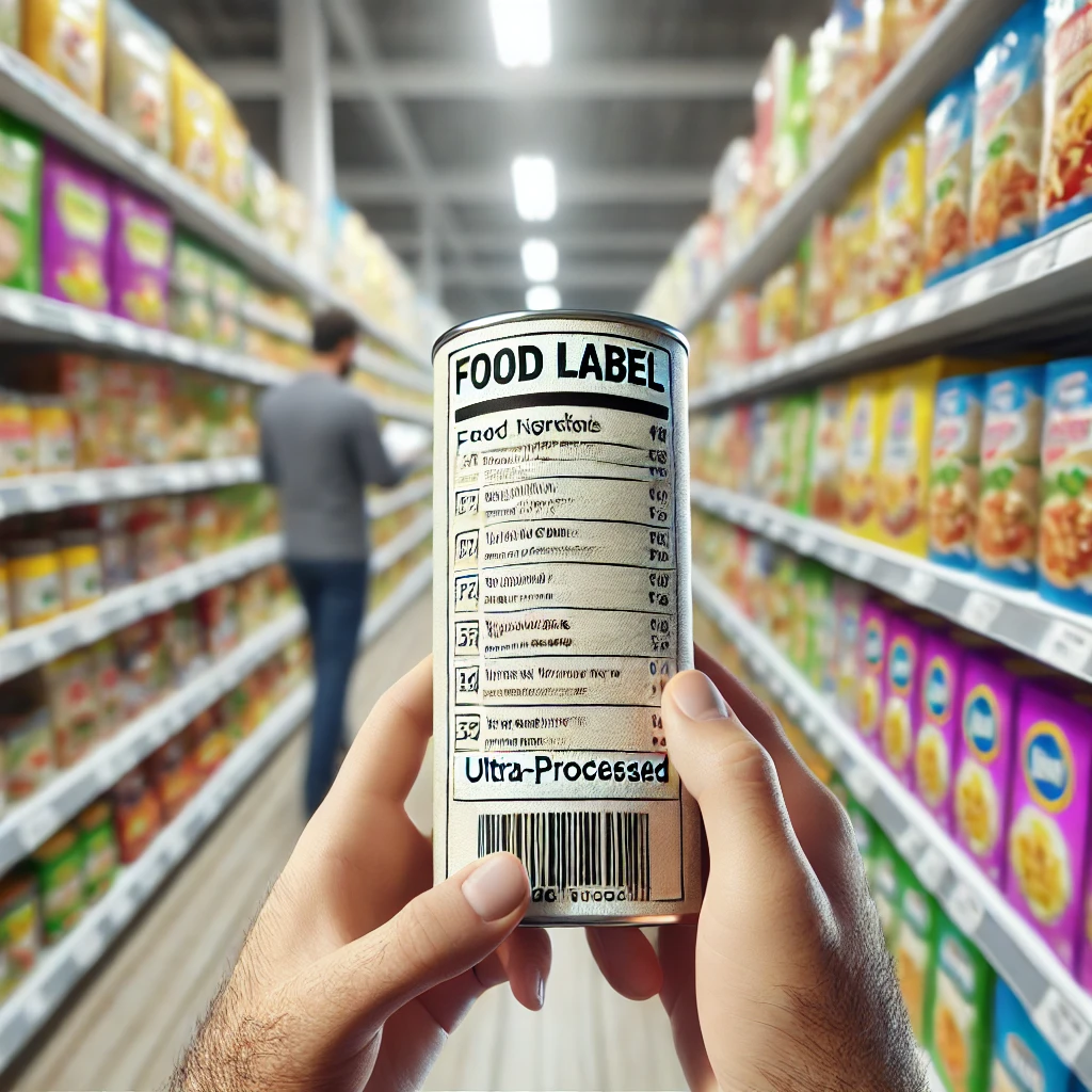 Une personne examinant une étiquette alimentaire dans une allée de supermarché, avec des produits ultra transformés en arrière-plan.