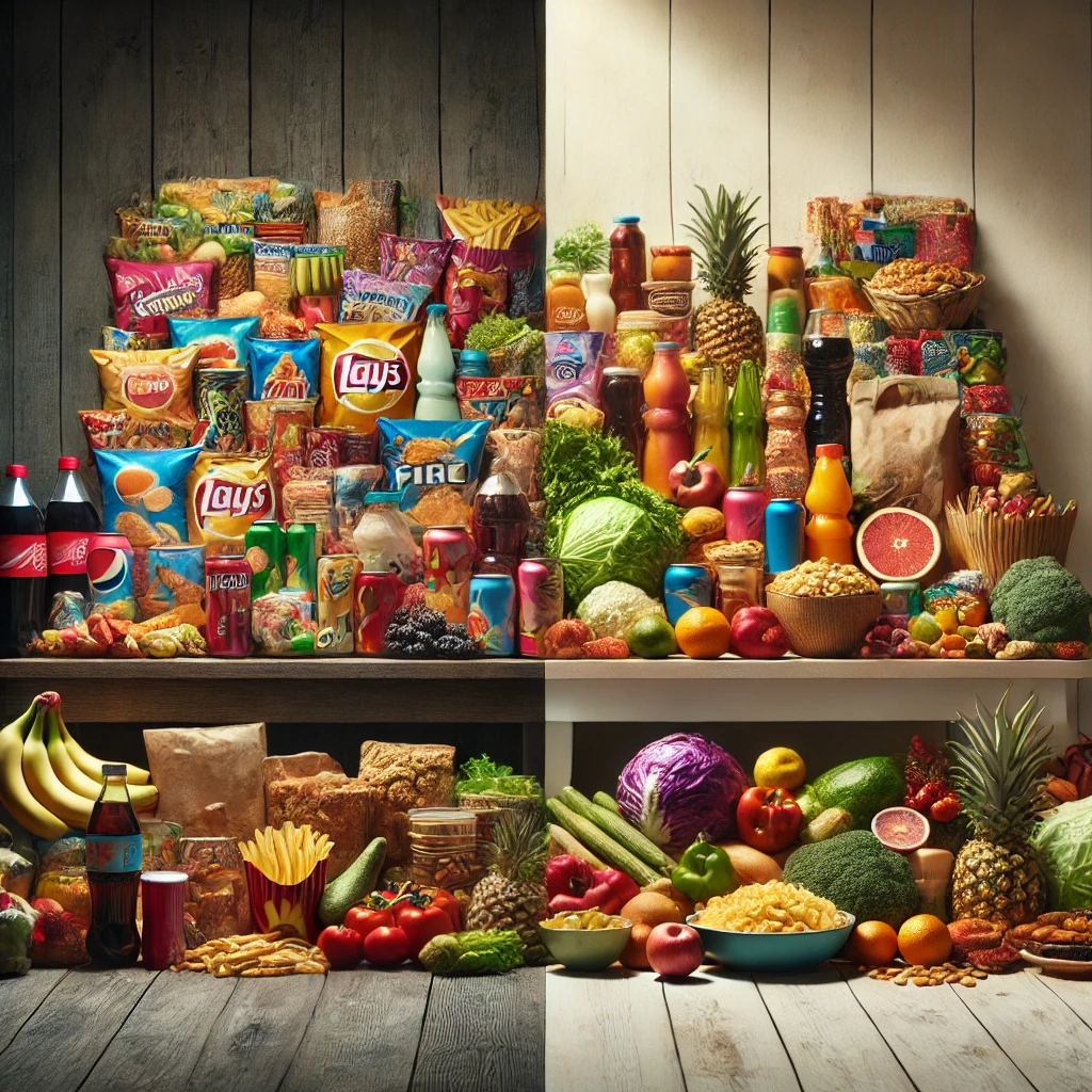 Comparaison entre des aliments ultra transformés (snacks et fast-food) et des aliments sains (fruits, légumes et plats faits maison).