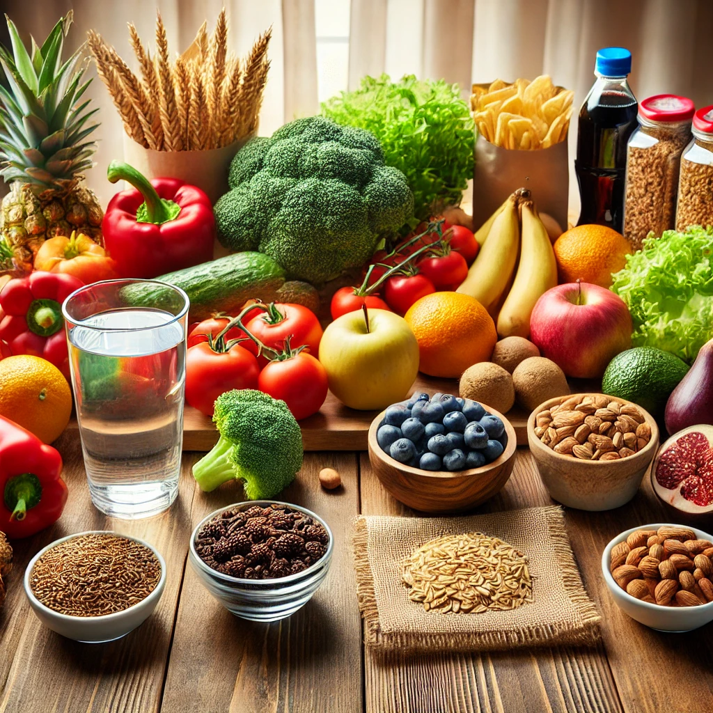 Table en bois avec des aliments naturels comme des fruits, légumes et céréales, contrastant avec des snacks et sodas industriels.