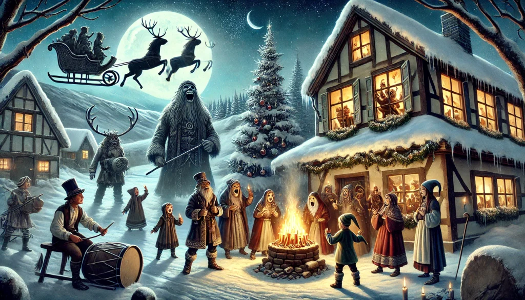 Illustration des traditions de Noël oubliées en Europe : la légende de la Chasse sauvage traversant le ciel nocturne, une bûche brûlant dans un foyer traditionnel, des enfants chantant devant une maison enneigée, et un troll islandais espiègle observant à travers une fenêtre.