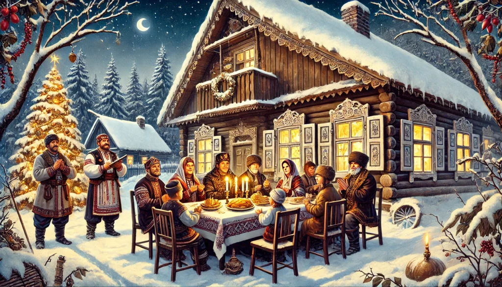Illustration des traditions de Noël oubliées en Europe, avec une famille célébrant un souper des morts en Europe centrale, des chanteurs costumés devant une maison enneigée, et un intérieur rustique avec une bûche bénie brûlant dans l’âtre.